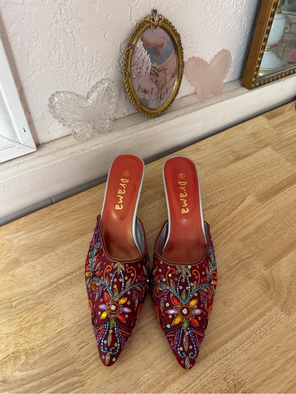 2000s Drama Beaded Pointed Toe Kitten Heels Size 9 Y2K Jewel Embellished Whimsy - Picture 12 of 15